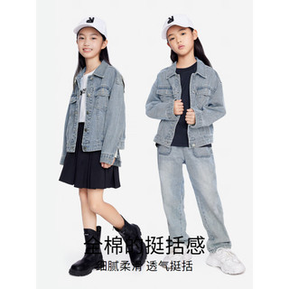 Annil 安奈儿 童装女大童牛仔夹克外套2023年秋新款字母绣花可爱小鹿时尚上衣 中蓝牛仔 110cm