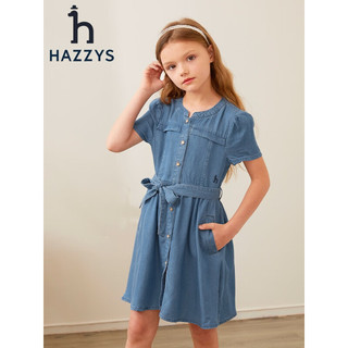 哈吉斯（HAZZYS）品牌童装女童2023夏新品凉爽透气简约大气甜美风半袖连衣裙 蓝牛仔 155