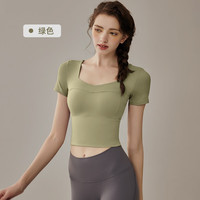 悦步瑜伽服女套装带胸垫普拉提训练健身服跑步运动短袖高级感健身上衣 绿色上衣 S 推荐体重