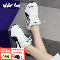 Walker Shop品牌跑步鞋男女新款真皮情侣款包底皮蓬老爹鞋女厚底内增高休闲款 白黑 37