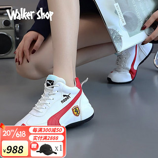 Walker Shop品牌跑步鞋男女新款真皮情侣款包底皮蓬老爹鞋女厚底内增高休闲款 白红 34