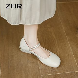 ZHR 单鞋女夏季新品时尚百搭一字带魔术贴浅口鞋子女气质女鞋 米色 37