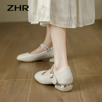 ZHR 单鞋女夏季新品时尚百搭一字带魔术贴浅口鞋子女气质女鞋 米色 37