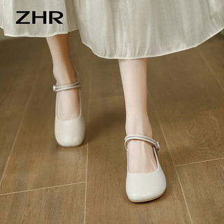 ZHR 单鞋女夏季新品时尚百搭一字带魔术贴浅口鞋子女气质女鞋 米色 37