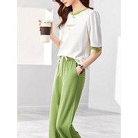 尚都比拉时尚休闲套装夏款小清新印花减龄t恤灯笼裤两件套 白配果绿色 S