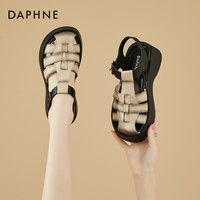DAPHNE 达芙妮 牛皮厚底复古罗马凉鞋女包头编织镂空猪笼鞋女4623303084 米黑 34