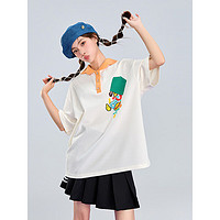 B.Duck小黄鸭女式T恤2023年夏季新款宽松减龄撞色Polo领短袖T恤 米白色 S