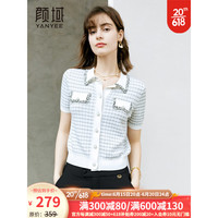 YANYEE 颜域 2023新款小香风气质格纹短袖针织衫女夏季开衫外套外搭空调衫 黑白格 S/36