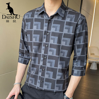 袋鼠（DaiShu）短袖衬衫男夏商务休闲格子条纹衬衫男修身衬衣外套S177 黑色 L