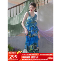两三事云雾睡莲 2023夏季新款复古印花荷叶边拼接无袖连衣裙长裙 蓝色 S