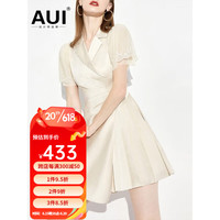 AUI西装连衣裙女2023夏新款杏色名媛气质不规则设计感网纱百褶裙 杏色 L