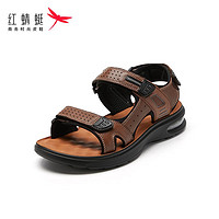 红蜻蜓男士沙滩鞋新款透气魔术贴男凉鞋舒适外穿皮凉鞋L3200034 棕色 43