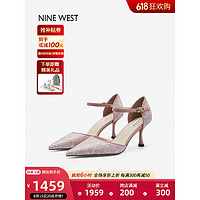 NINE WEST/玖熙国风凉鞋女蕾丝一字带尖头包头侧空高跟鞋NK301012EK粉色 36