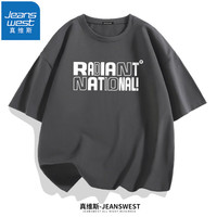 真维斯(JEANSWEST)短袖t恤纯棉汗衫体恤衫男女同款青少年学生字母印花上衣情侣T恤衫 深灰(线框字白) L(体重110斤-130斤)