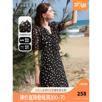 3COLOUR 三彩 2023夏季新款碎花雪纺连衣裙荷叶边系带收腰A字裙浪漫度假 黑色 预售6.28 165/88A/L