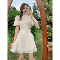 家隆名秀旗袍女夏季 2023新款夏季改良版旗袍连衣裙小个子年轻款少女裙子 杏色 M