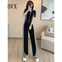 BVX运动休闲套装女2023新款气质女神范洋气短袖短裤夏季跑步服两件套 黑色 XXL