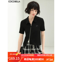 COCOBELLA预售设计感斜门襟POLO衫女双头金属拉链短袖针织衫SC83 黑色 S