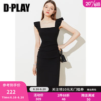 DPLAY夏新款法式优雅黑色捏褶赫本风气质修身侧开叉吊带裙夏季连衣裙 经典黑 S