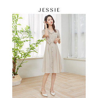 JESSIE气质西装领系带收腰短袖连衣裙女23春夏新款 杏色 S