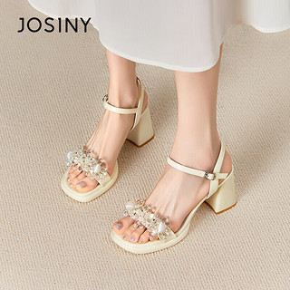 卓诗尼（Josiny）凉鞋女夏季时尚一字带凉鞋露趾搭扣粗高跟女鞋 米白色 38