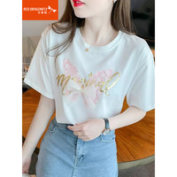 红蜻蜓 RED DRAGONFLY 夏季重工印花短袖女T恤蝴蝶结装饰体恤女士2023年新款设计感上衣 白色短袖 M