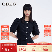 OBEG 欧碧倩23夏新款复古名媛立体提花料泡泡袖衬衫10442077 黑色 155/XS/34