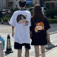 一寸相思情侣装夏季短袖t恤男套装新款潮流宽松一男一女学生百搭高中班服 男白+女黑 男款XL/女款XL