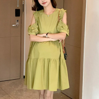 十月妈咪孕妇连衣裙夏季2023新款外穿露肩袖圆领短袖中长裙大码宽松孕妇装 果绿 均码