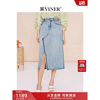 YINER音儿专柜女装2023夏季新款设计感纯棉开衩牛仔半身裙 铃蓝 36