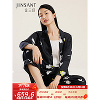 金三塔睡衣女真丝珍珠缎印花可爱长袖长裤可外穿衣裤套YSFDB202 黑底芍药花7233 L
