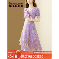 丹慕妮尔丹慕妮尔紫色v领连衣裙女2023夏季新款气质收腰印花中长款雪纺裙 紫色 M
