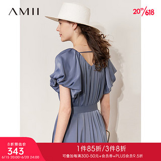 AMII2023夏新款极简微弹梭织V领泡泡袖配腰带中长宽松连衣裙女 深灰蓝 165/88A/L