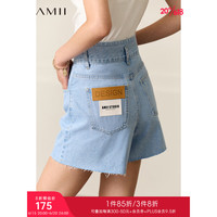 AMII2023夏新款极简做旧浅蓝色定制皮牌装饰宽松全棉牛仔短裤女 牛仔蓝 155/64A/S