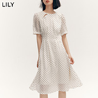 LILY 2023秋新款女装时尚复古波点纯色短袖显瘦高腰度假风连衣裙