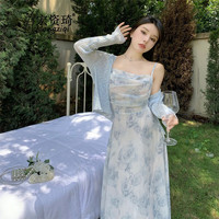 宏资琦连衣裙2023夏季新款气质法式温柔风雪纺长裙子碎花吊带裙两件装 碎花吊带连衣裙+蓝色开衫 S