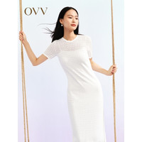 OVV2023春夏新款女装长绒棉H型包臀镂空假两件修身短袖针织裙 米白（净色）04 XS