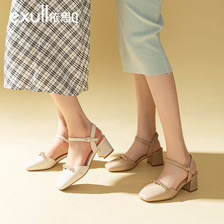 依思Q（exull）包头凉鞋女夏季2023年新款法式粗跟高跟鞋仙女风一字带单鞋 米白色 37