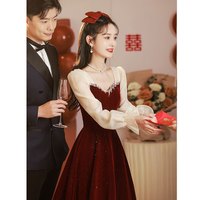 塞德勒(SAIDELE)敬酒服新娘小个子酒红色平时可穿纱袖订婚连衣裙出阁宴回门礼服女 酒红色厚款 L (建议106-115斤)