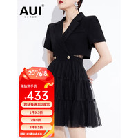 AUI西装连衣裙女2023夏季新款黑色设计感小众高级修身网纱蛋糕裙 黑色 S
