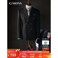 吉约蒙(G·MONS)双排扣西装男套装黑色商务休闲修身西服外套西装上衣 黑色 西裤码数请备注