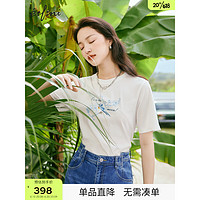 伊芙丽（eifini）T恤女2023年夏装新款印花设计感短袖1E3300081 本白色 155/80A/S