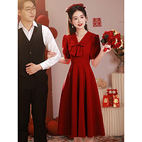 塞德勒（SAIDELE）敬酒服小个子新娘平时可穿日常回门订婚连衣裙红色礼服女夏季法式 酒红色 XXL (建议126-135斤)