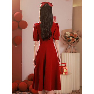 塞德勒（SAIDELE）敬酒服小个子新娘平时可穿日常回门订婚连衣裙红色礼服女夏季法式 酒红色 XXL (建议126-135斤)