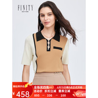 FINITY菲妮迪品牌针织衫2023年夏季新款时尚衬衫领设计感拼色短袖上衣女 卡其色 S