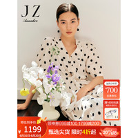 玖姿·安娜蔻洋气法式波点收腰缎面长款短袖连衣裙女装2023夏季新款 本白 XL