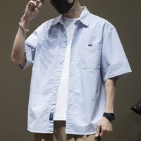 名面高级感日系条纹短袖衬衫男重磅水洗轻熟风休闲搭配衬衣外套棉 蓝色 M