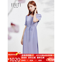 菲妮迪真丝连衣裙2023年夏季新款简约100%桑蚕丝高端系带短袖裙子 紫色 S