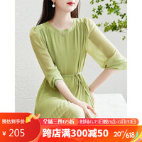 德玛纳(dme)雪纺压褶百褶裙23圆领泡泡袖a字连衣裙女中长款 草绿 M