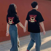 一寸相思情侣装夏季短袖t恤男套装新款潮流宽松一男一女学生百搭高中班服 草莓熊 男黑+女黑 男款2XL/女款S